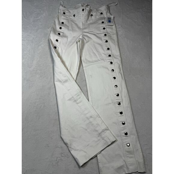 Staud Carter White Denim Straight Leg Sailor Flap Silver Buttons SZ 8 NWT 32” - Picture 1 of 9